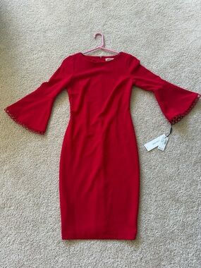 Calvin Klein Red Midi Sheath Dress with Bell Sleeves